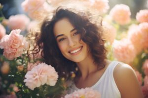 Smiling woman surrounded by flowers